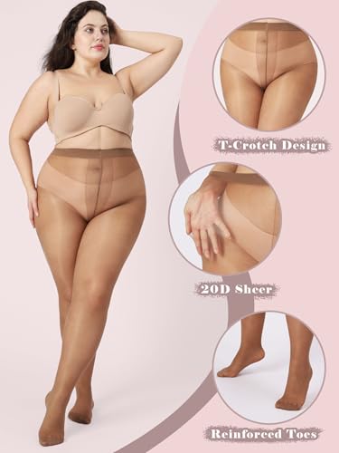 Image of Plus Size Sheer Black Tights for Women T-Crotch 20D Ultra Thin Pantyhose High Waist Stockings 2 Pairs