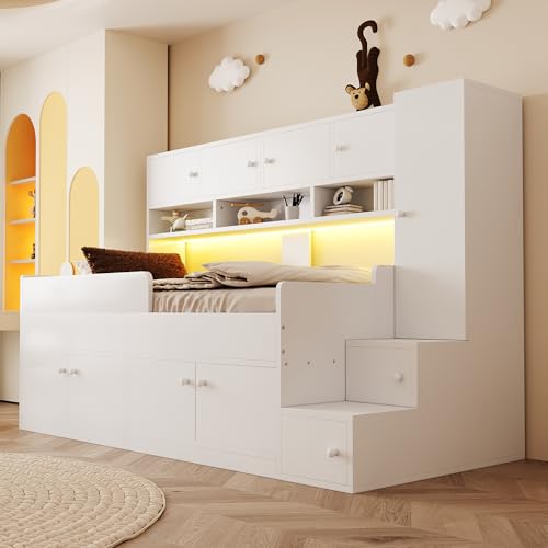 Merax Kinderbett 90x200 cm, Hochbett mit Stauraum, Schränken, Regalen und Kleiderschrank, LED Beleuchtung, Holzbett, platzsparendes Wandbett, Weiß (ohne Matratze)