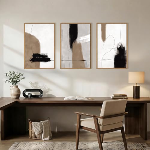 Image of KAIRNE Abstract Neutral Framed Canvas Wall Art Set,Abstract Black Brown Wall Decor,Modern Color Blocks Art Prints,Minimalist Brush Strokes Artwork for Living Room,Bedroom,Farmhouse,Office-16 x24 x3