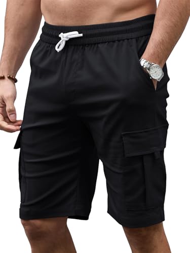 TMEOG Mens Cargo Shorts with Multiple Pockets Summer Mens Casual Shorts Elasticated Waist Drawstring Work Hiking Shorts(Black,L)