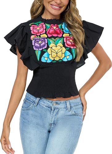 Women's Boho Shirts Floral Embroidered Ruffle Short Sleeve Frill Mock Neck Dressy Casual Summer Peasant Blouses Crop Tops4