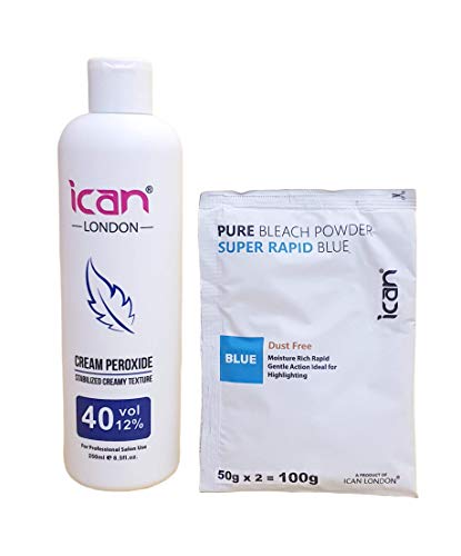 Ican London Lot avec crème peroxyde professionnelle, 40 volumes 12 %, 250 ml, et poudre décolorante bleue rapide, 100 g Cover