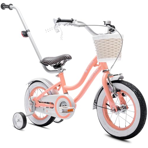 sun baby Heart Bike Kinderfahrrad für Mädchen 12/14/16 Zoll, mit Stützrädern, Abnehmbarer Schubstange, Korb, Klingel, Rücktrittbremse & V-Brake - Aprikose, 12 Zoll