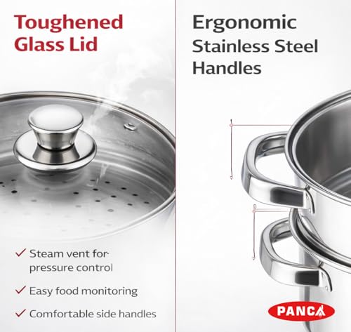 Image of PANCA Idli Maker Steamer Stainless Steel | 2 Tier Idly Cooker with Glass Lid | 18 cm Small Steamer for Momo, Dhokla, Idiyappam & Vegetables | Induction Base (Steamer 2 Tier)