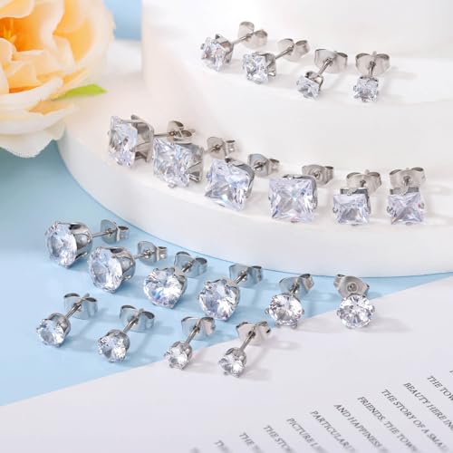 10 Pairs CZ Stud Earrings for Women, Hypoallergenic Earrings for Women Studs Set, Small Stainless Steel Earrings Studs, Cubic Zirconia Earrings for Women men (Square and Round)3