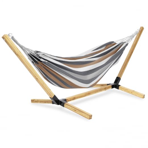 IDMarket – Hamaca con soporte madera y lona a rayas negro, blanco y chocolate Tahití