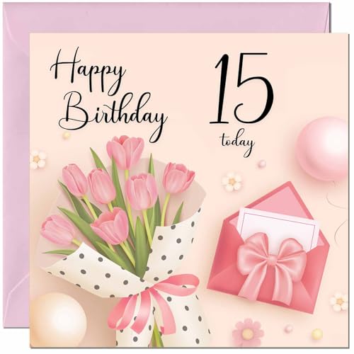 15th Birthday Card for Girls - Ladies Pink floral Birthday Cards for year 15 old Girl fifteen, fifteenth Daughter Friend Woman Niece teens Sister Girls for her