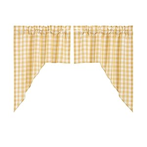 VHC Brands Annie Buffalo Check Farmhouse 36x36x16 Swag Pair Yellow Rod Pocket Cotton Kitchen Window Curtains