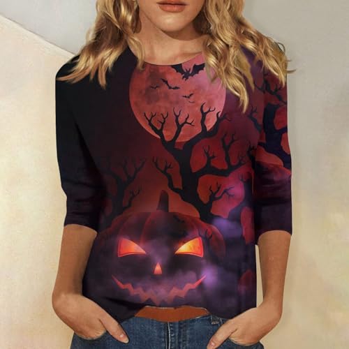 Halloween Shirts for Women 3/4 Sleeve Plus Size Crewneck Loose Fit Cute T Shirt Halloween Costumes for Women 2025