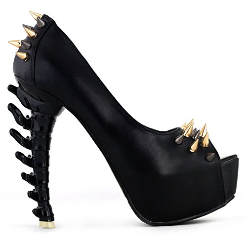 SHOW STORY Womens Punk Spike Peeptoe Platform Bone Heel Club Pumps,LF80627