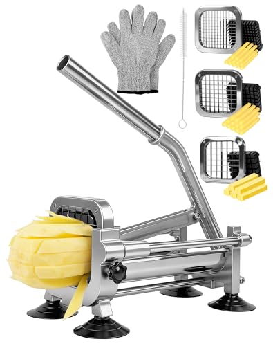 Coupe-Frites Professionnel Manuel en INOX - avec 3 Lames (6.5/9/13 mm), Boîte XL et 4 Ventouses Ultra-Stables - pour Frites Maison, Patates Douces, Légumes,...