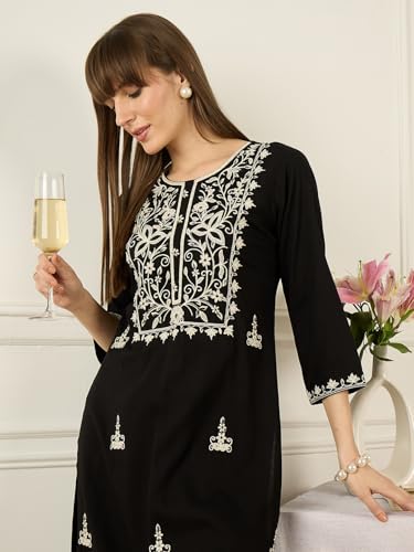Image of INDO ERA Women's Viscose Rayon Floral Embroidered Straight Calf Length Kurta & Pant Set (IEAI11741)