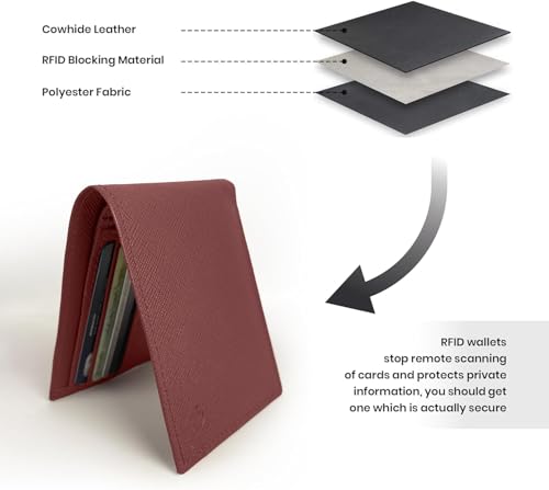 Jafferjee & Co. Genuine Leather Wallet for Men, RFID Blocking Bifold Wallet Men - Stylish and Slim Front Pocket Minimalist - Cardiff Maroon 6
