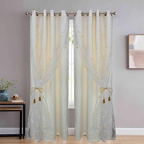 Image of Polyester Window Curtain (5 Feet, White Embroidery + Ivory Blackout)