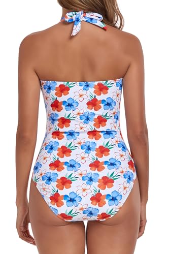 Image of Smismivo Tummy Control Swimwear Halter One Piece Slimming Vintage Retro Swimsuit Womens Ruched Push Up Bathing Suit
