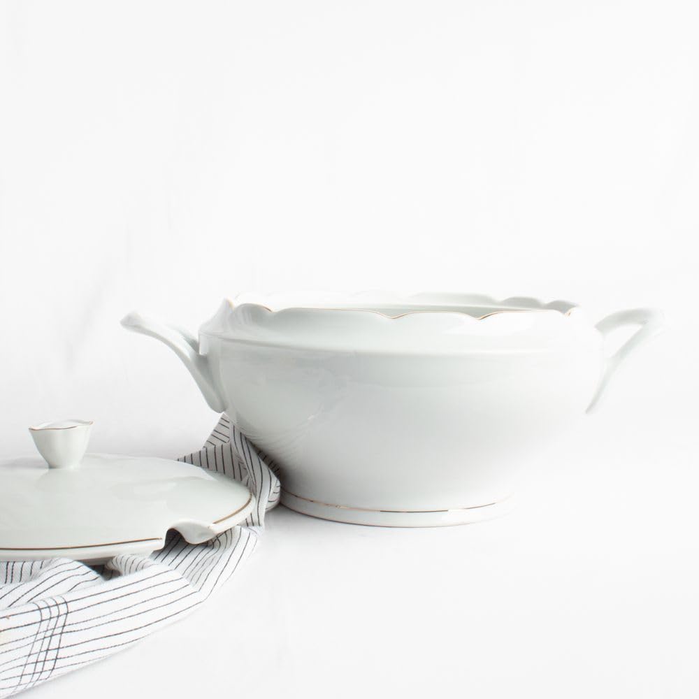 Soupière en porcelaine blanche (3 l) Sena, 1 couvercle en porcelaine, tranchant doré