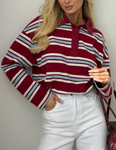 Perbai Women's Rugby Striped Polo Shirt Casual Collared V Neck Button Long Sleeve Y2k Sweatshirt 90s Streetwear3