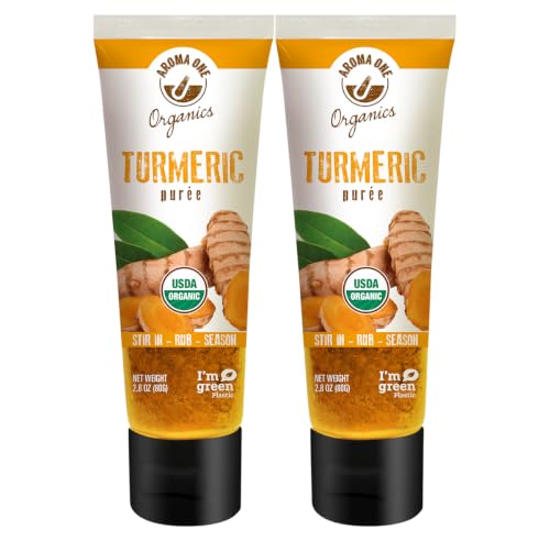 Aroma One Turmeric Puree Paste - Organic Spice Concentrate for Cooking, Curries & Soups - Golden Flavor Enhancer, Non-GMO, Gluten-Free, Vegan - Easy Squeeze Tube, Kitchen Must-Have - 2.8oz Each (2-Pack)