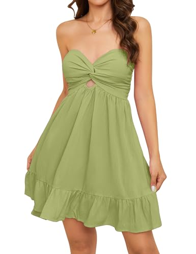 Image of HOCANDY Womens Strapless Mini Dress Twist Knot Front Cut Out Babydoll Dress Smocked Backless Ruffle Hem Tube Dresses