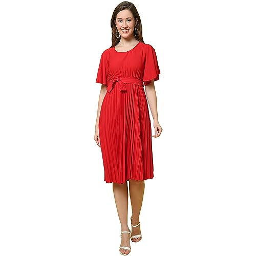 Image of Fabflee Women's Polyester A-Line Standard Length Dress (FB-P1-Pleated-205 XL Red