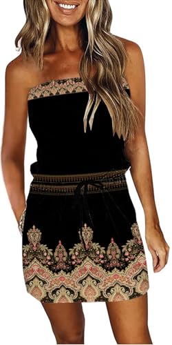 Image of Summer Dress for Women Strapless Beach Cover Ups Boho Sundress Mini Dress Drawstring Waist with Pockets
