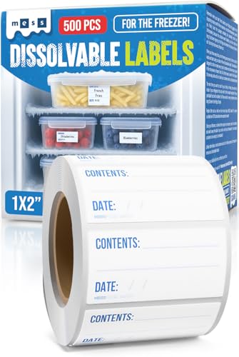 MESS Dissolvable Freezer Labels – 500/Roll Blank Removable Labels for Containers, Food Storage, Bottles, Jars, and Freezer Use (500, 1x2)
