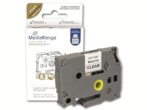 Mediarange Tz-131/Tze-131 - Custodia In Plastica Per Etichettatrice, Con Adesivo Permanente, 12 Mm, 8 M, Colore: Nero Trasparente