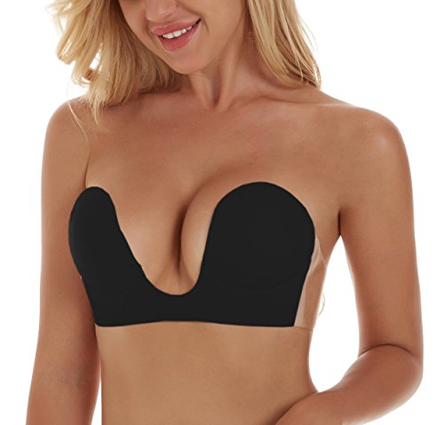 Unilove Strapless Bra Push Up Bras for Women Invisible Bra Adhesive Backless Bra (C, Black)
