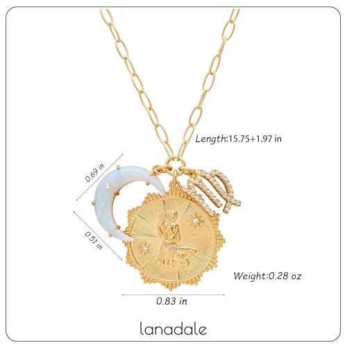 Dainty Gold Zodiac Embossed Coin Opal Crescent Moon Charm Necklace for Women Trendy 18K Gold Plated Retro Paperclip Chain 12 Constellation Horoscope Necklaces Astrology Jewelry Gifts2