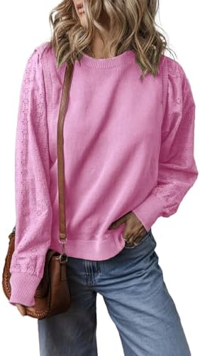 APOFER Women's Hollow Out Lace Long Sleeve Embroidered Sweatshirt Casual Loose Fit Crew neck Knit Pullover Tops image 5