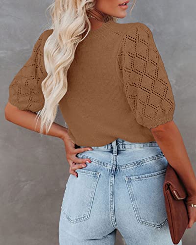 Image of Womens Short Sleeve Sweaters Crewneck Knit Pullover Tops 2025 Summer Casual Lightweight Crochet Blouse Shirt
