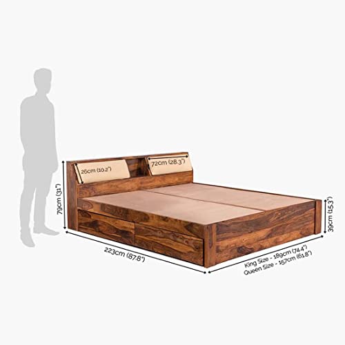 Image of Sheesham Wood Queen Size Bed with Headboard and 4 Drawer Storage | Wooden Double Bed Cot Palang Furniture for Bedroom Living Room Home - Honey Finish (1 Year Warranty)