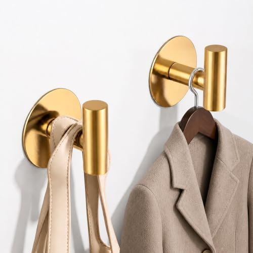 Image of Gold Stainless Steel Wall Hooks, Heavy Duty Self-Adhesive Hooks for Coats, Towels, Robes, Hats, Aprons - No Drill Bathroom, Kitchen, Hotel (2 Pack)