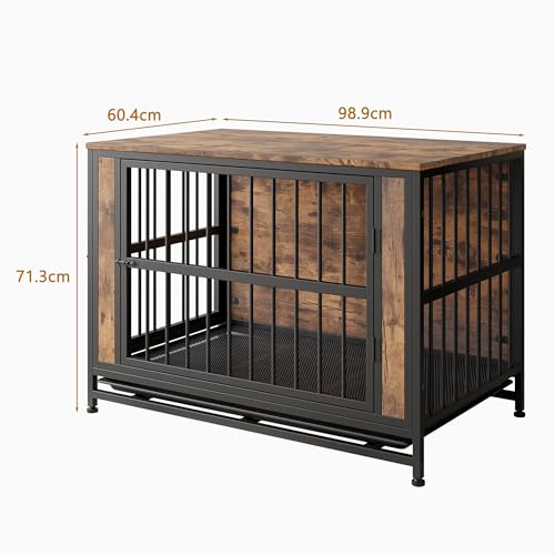 FOUBAM Caixote para cães - canil de metal e madeira com 3 portas para cães internos, médios/grandes