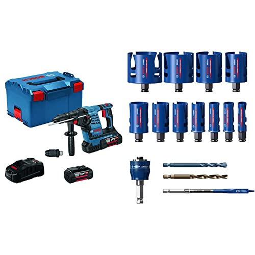 Bosch Professional 36V Akku Bohrhammer GBH 36 V-LI Plus (inkl. 2x6.0Ah Akku, SDS plus, in L-BOXX 238) + 15 tlg. Expert Construction Material Lochsäge Set (für Weichholz, Ø 20-76 mm, Zubehör)