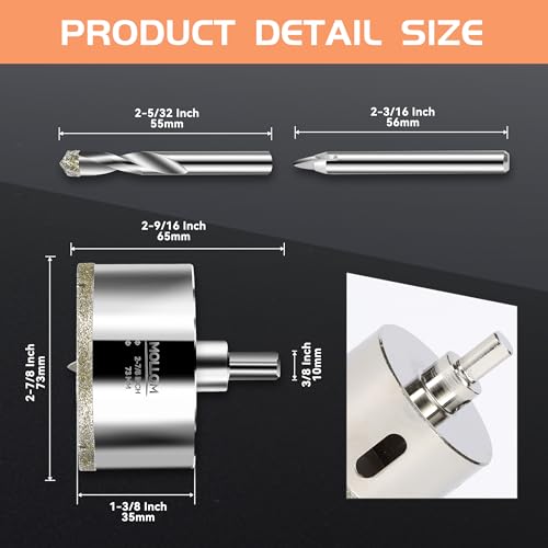 Image of MOLLOM 2-7 /8 inch (73mm) Diamond Hole Saw with 2 Pilot Drill Bit