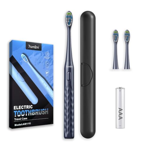 Image of 7AM2M Sonic Travel Electric Toothbrush for Adults & Kids, Travel Case&2 Brush Heads, Battery Powered Sonic Toothbrush, Compact Design for Daily /Travel Use-Navy