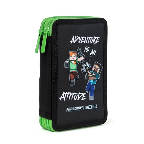 Minecraft Alex Creeper Steve Federtasche Kinder Federmäppchen Pencil Case Große Kapazität Etui Schule Jungen und Mädchen 2-Fach Federtasche Federmappe 18 TLG. Gefüllt grün/schwarz