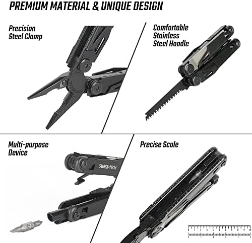 Swiss+Tech Multifunctional Pliers 16-in-1, Foldable Multi-Tool Multifunctional Pliers with Scissors, Saw, Bottle Opener, Screwdriver for Camping, Outdoor, Repairing, with Carry Bag