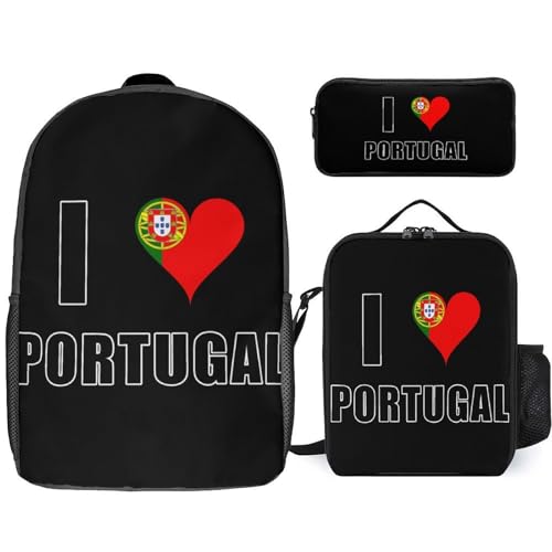 I Love Portugal Flag Large Travel Backpacks Carry on Backpack Weekender Bag with 2 Storage Pockets for Men And Women