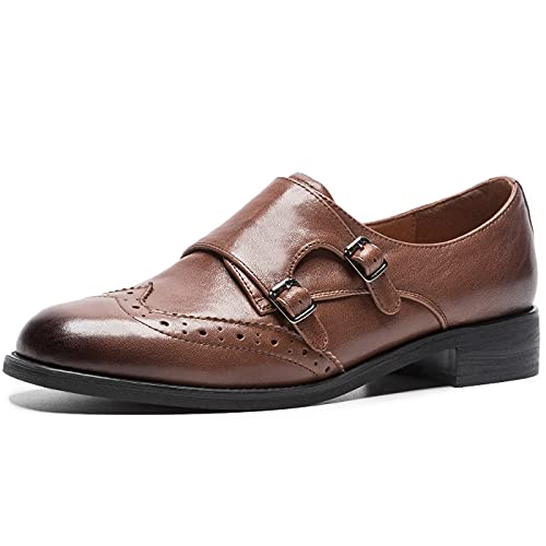 U-lite Womens Monk Strap Shoes Cowhide Perforated Fashion Buckle Vamp Brouge Oxfords Dress Shoes Deep Brown 5.5
