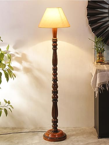 Image of Floor Lamp with Wooden Base - Height 55 inch, Light Tan | Modern Standing Lamp for Living Room, Bedroom & Office | Stylish & Elegant Home Lighting Decor | Decorative Lamp