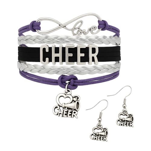 Infinity Collection - Cheer Bracelet & Earrings Set - Purple & Black Infinity Love Cheer Charm, Jewelry for Cheerleaders, Teams, Moms & Coaches