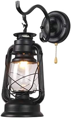 ZJZTD Kerosene Lantern Pull Chain Sconce Vintage Lantern Wall Lamp,Metal Transparent Glass Lampshade (Color : Black, Size : 15.7 * 11 in)