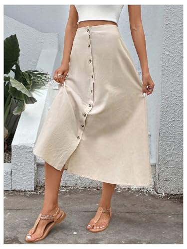 MakeMeChic Women's Elegant High Waist Button Front Skirt A Line Flare Midi Skirts3