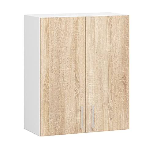 AKORD Armario de Pared de Cocina W60, Sistema Lima, Blanco, 60 cm, 2 Puertas, Color Roble Sonoma, Mate, 2 estantes, 60x30,5x72 cm