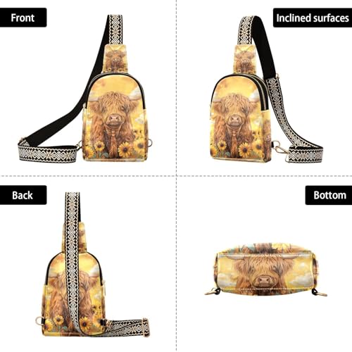 Sling Bag for Women Highland Cow Blooming Sunflower Pattern Crossbody Bag Small Chest Bag Shoulder Bag Cell Phone Purse for Casual Travel Hiking Running Sports3
