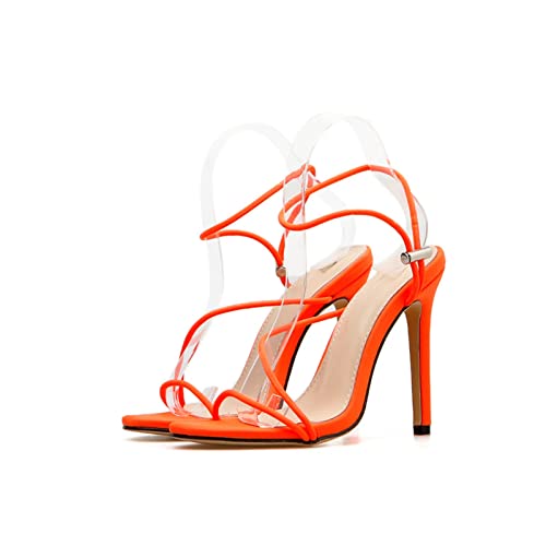 Pantoufles hautes à talons et lanières croisées en orange néon