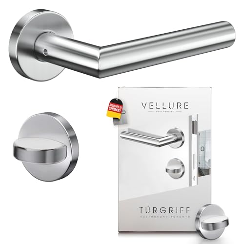 Vellure® Türgriffe Innentüren Edelstahl [Inkl. Bohrschablone] – Premium Drückergarnitur WC & Türklinke Bad – Hochwertiger Türgriff & Türbeschläge Set – WC Türschloss mit Drehknopf
