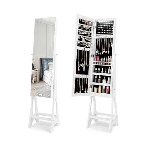 COSTWAY Armoire à Bijoux Sur Pied avec 12 LED Doublure Intérieure en Velours Doux Angle Réglable 36 x 33,5 x 154 cm (Blanc)